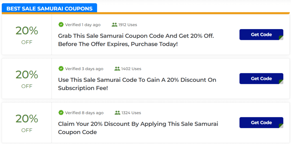 sale samurai discount code active